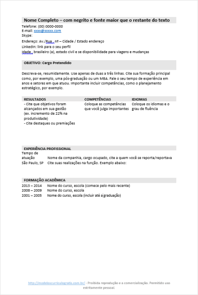 Modelo de Currículo Pronto para Preencher - padrão 01